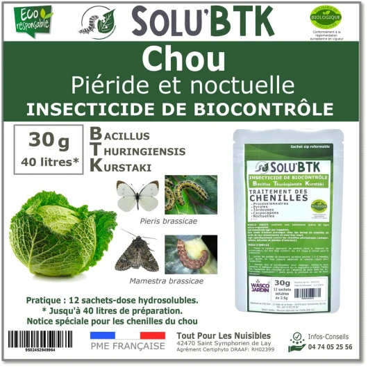 SoluBTK - Chou : Piéride et Noctuelle 30 g Bacillus thuringiensis BTK - Insecticide Utilisable en Agriculture Biologique - Traitement chenilles