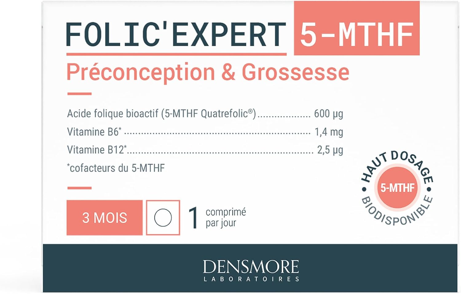 Folic'Expert - Vitamine B9 et B12 - 600 µg d'Acide Folique - Désir d'Enfant et Début de Grossesse - 90 comprimés - Cure de 3 mois - Fabriqué en France