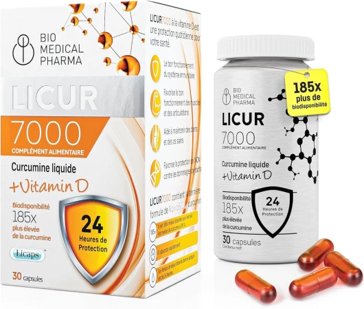 Curcuma Gélules avec Vitamine D3 – 185x Meilleure Absorption – Curcumine Micellaire Hautement Dosée – 1 Gélule par Jour – Équivalent à 6 600 mg de Curcuma – Licur 7000 + Vitamin D (Pack Mensuel)