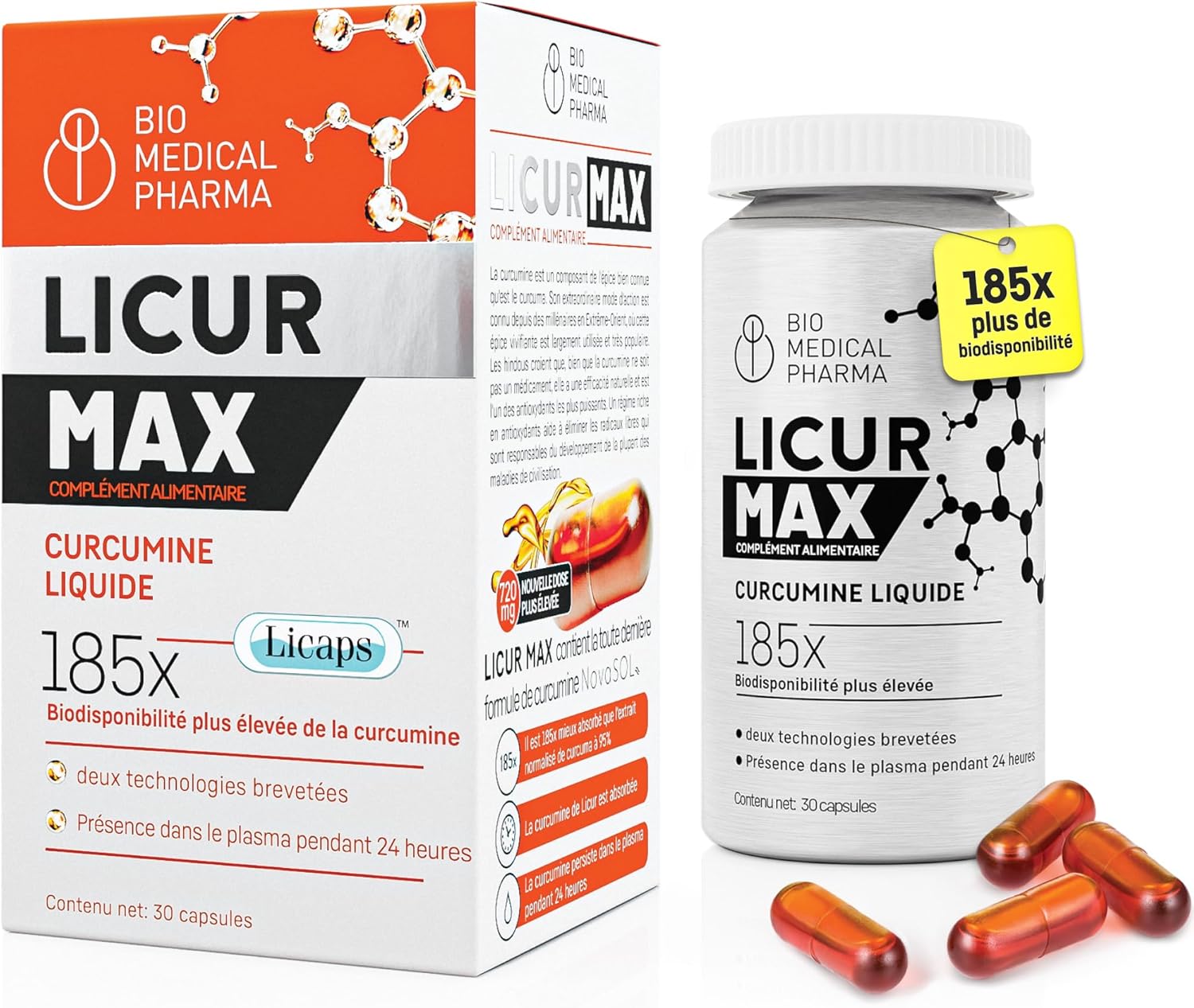 Curcuma Gélules Hautement Biodisponible – 185x Meilleure Absorption – Curcumine Micellaire Hautement Dosée – 1 Gélule par Jour – Équivalent à 6 600 mg de Curcuma – Licur Max 30 (Pack Mensuel)