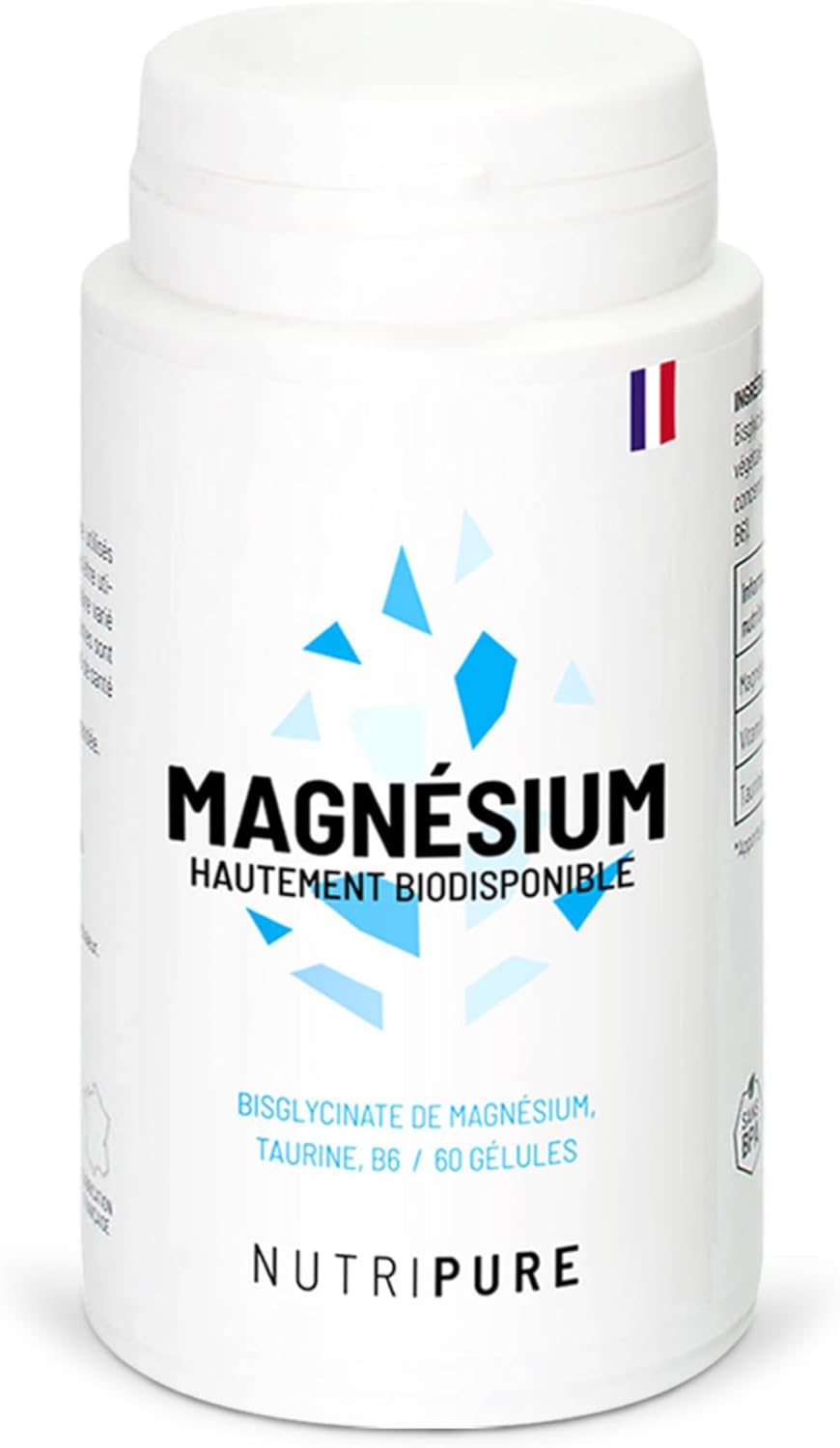 Magnésium Bisglycinate + Taurine & Vitamine B6 - Haute Absorption & Concentration - Anti-Fatigue - 100% Vegan - 60 gélules végétales - Cure de 1 mois - Made in France
