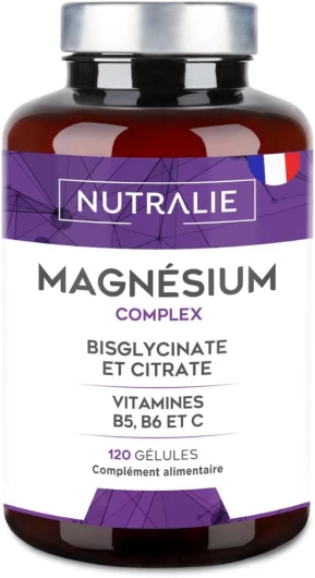 Magnésium Bisglycinate + Citrate - 2145mg - Vitamine B6 B5 C - Fatigue Stress - Magnesium BIO-disponible - Citrate de Magnésium et Magnesium Bisglycinate - 120 Gélules - Nutralie (Sans goût)