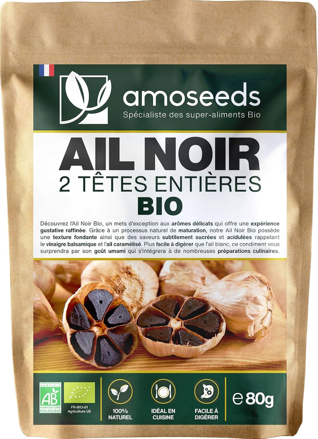 Ail Noir Bio, 2 têtes, Gousses entières - Fermenté, Goût doux umami - Qualité Supérieure - 100% Naturel et Biologique