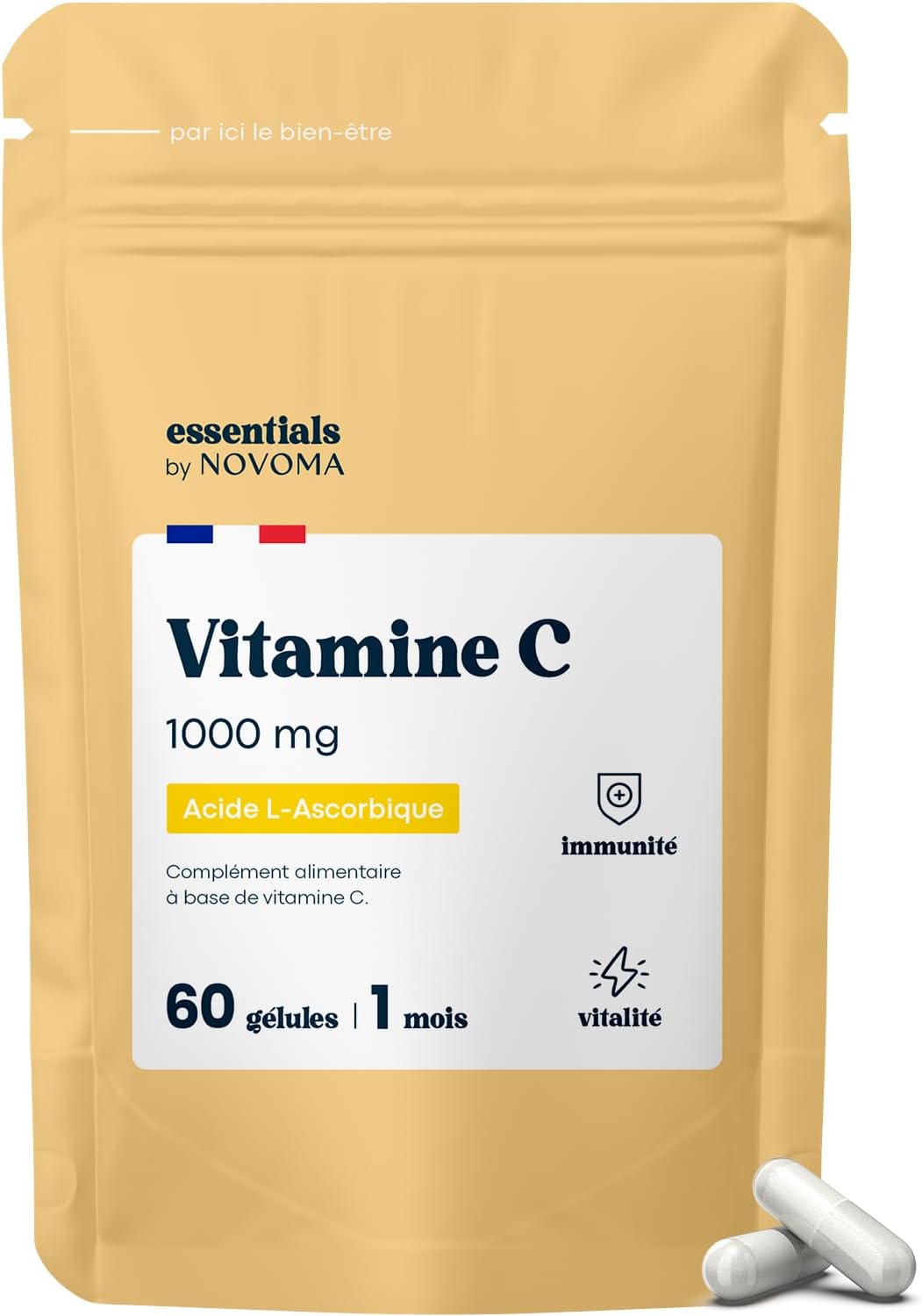 Vitamine C 1000mg, Réduit la Fatigue et Soutient le Système Immunitaire, Cure de 1 mois, 60 Gélules Végétales, 100% Acide Ascorbique Pur, Fabriqué en France, Essentials by Novoma