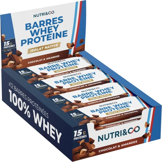 NUTRI & CO Barres Protéinées Whey Isolat Native - 15g de Protéines - Musculation & Récupération - 100% Clean sans protéines végétales ni Huile de Palme – Lot de 12 Barres Chocolat & Amandes