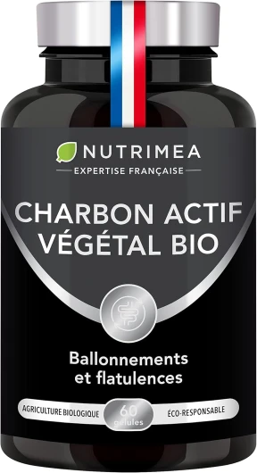 Charbon Actif BIO - Charbon Végétal Breveté PURECOAL® - Issu de Bois de Châtaignier Français - Contre Ballonnements, Flatulences, Ventre Gonflé - 60 Gélules Vegan - Nutrimea