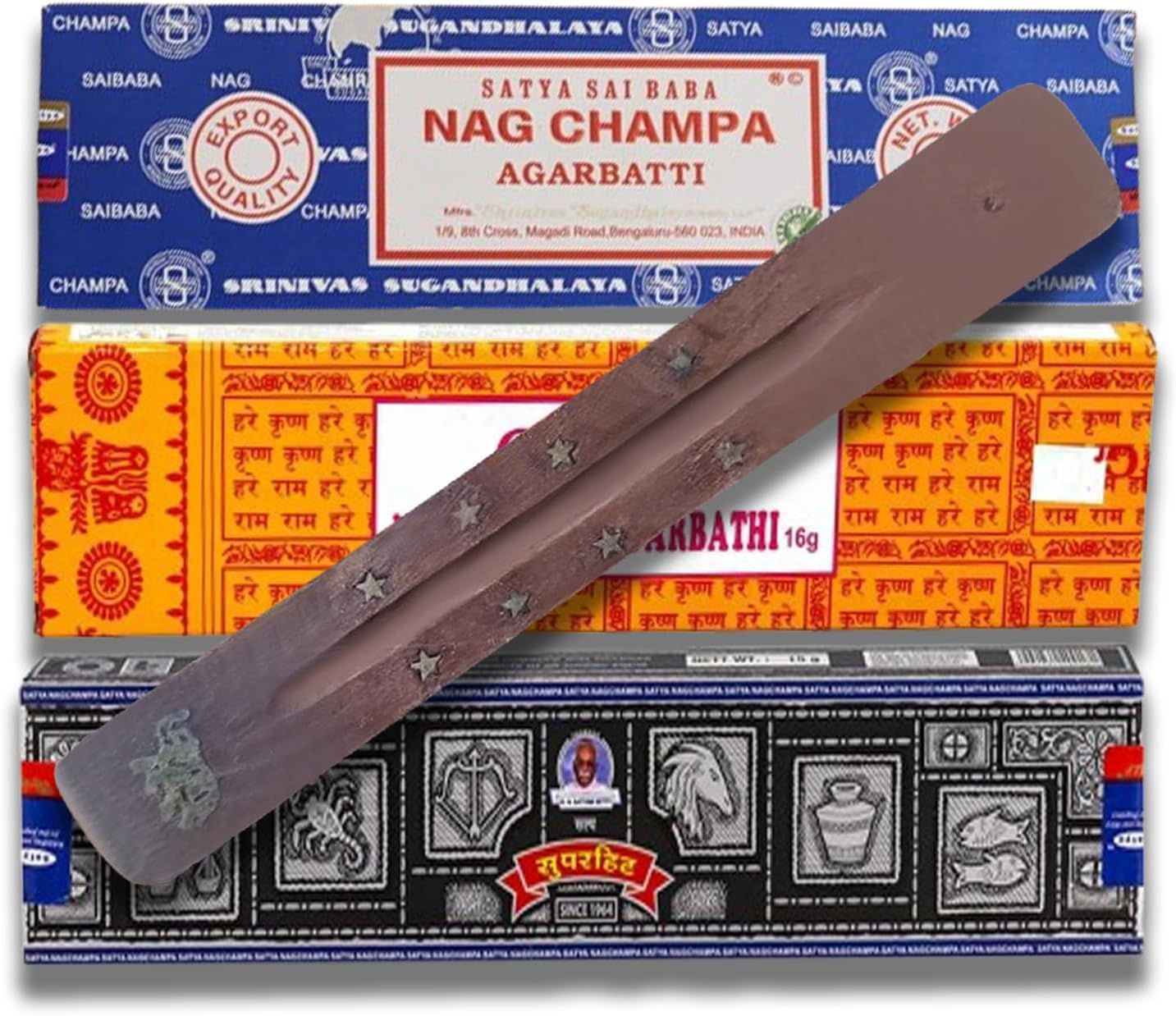 Agarbatti, Top 3 Goloka Satya Nag Champa avec différents parfums, bâtons d'encens Superhit, diverses variétés Populaires, avec Support, 16 g.