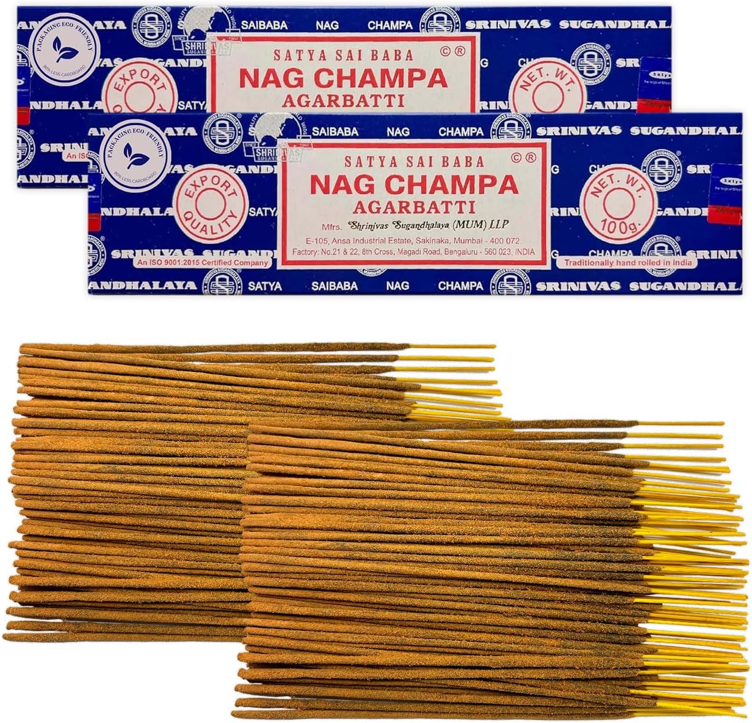 Bâtons d'encens Satya Nag Champa - 2 Paquet de 100 g (140-160 bâtons) - Aromathérapie - Méditation - Yoga - Packaging Eco-Friendly