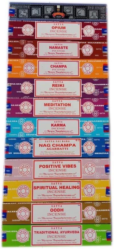 Lot de 12 Paquets d'encens de 15 g Comprenant : Nag, Super Hit, Oodh, Positive Vibes, Namaste, Champa, Opium, Reiki, Spiritual Healing, Karma, Ayurveda Traditionnel et méditation, Bois,