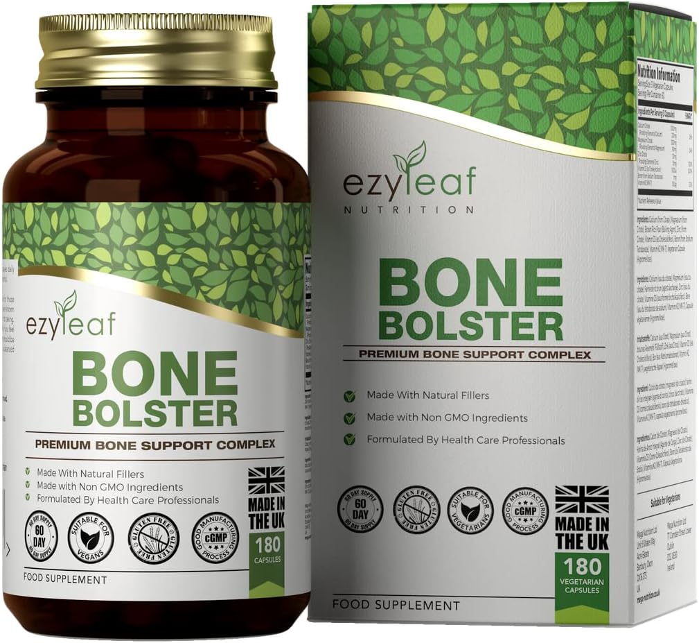 Ezyleaf Supplement Os - Calcium Magnesium Zinc Vitamine D3 Bore Vitamine K2 MK7 - 180 Capsules Bone Bolster pour la Sante des Os au Citrate de Calcium - Sans gluten Sans OGM Certifié ISO au RU