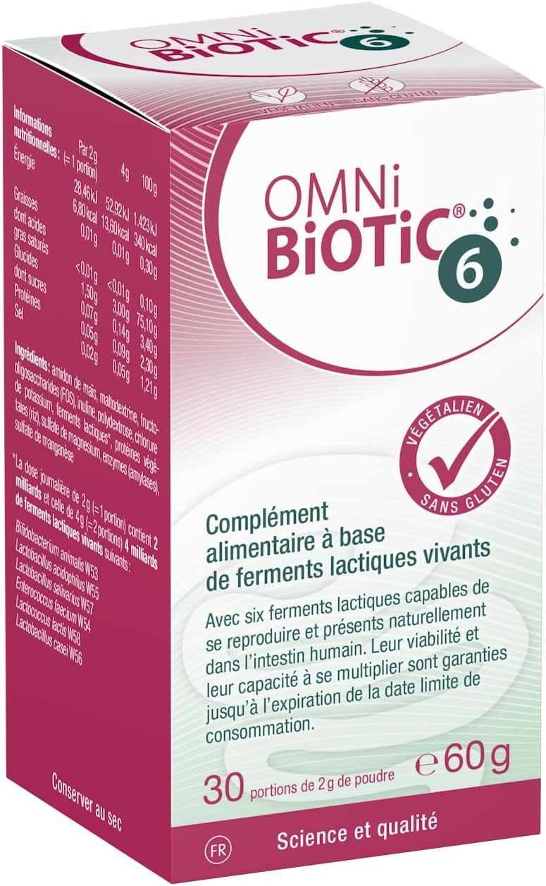 6 - Flacon en verre - 30 Doses (60g) - 6 souches bactériennes - 4 milliards d’UFC par dose journalière - En poudre - Contient de l’inuline - Végétalien - Pour une utilisation quotidienne