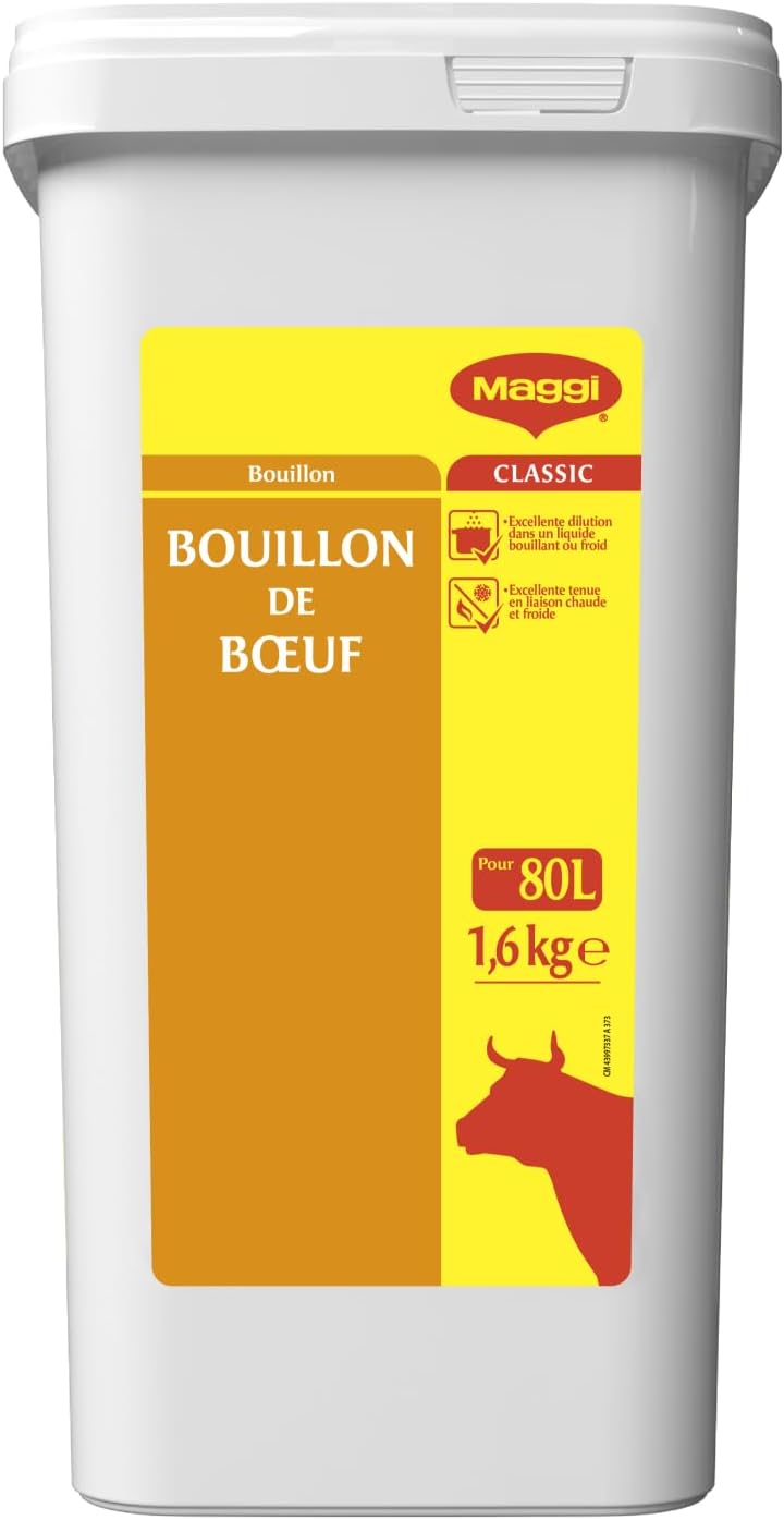 PROFESSIONAL Bouillon au Bœuf Déshydraté - Pour Cuisson de Viande, Légume, Féculent - Aide Culinaire, Sauce, Potage - Gain de Temps en Cuisine - Boîte de 1,6 kg pour 80L