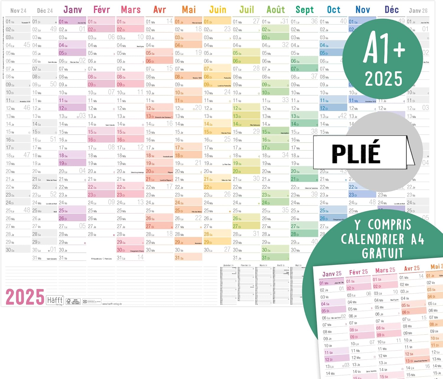 ® Calendrier mural XXL 2025 A1+ en français (63 x 89 cm) plié "Rainbow" + agenda annuel A4 gratuit, avec jours fériés de la France - durable & respectueux du climat