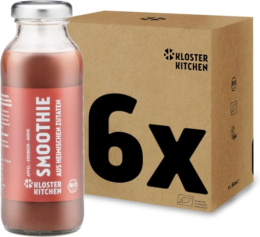 Smoothie bio rouge Kloster Kitchen Pomme Poire Fraise 6x 250 ml I Superfood petit-déjeuner vegan I Bouteille en verre à emporter I Superaliment à base d'ingrédients locaux.