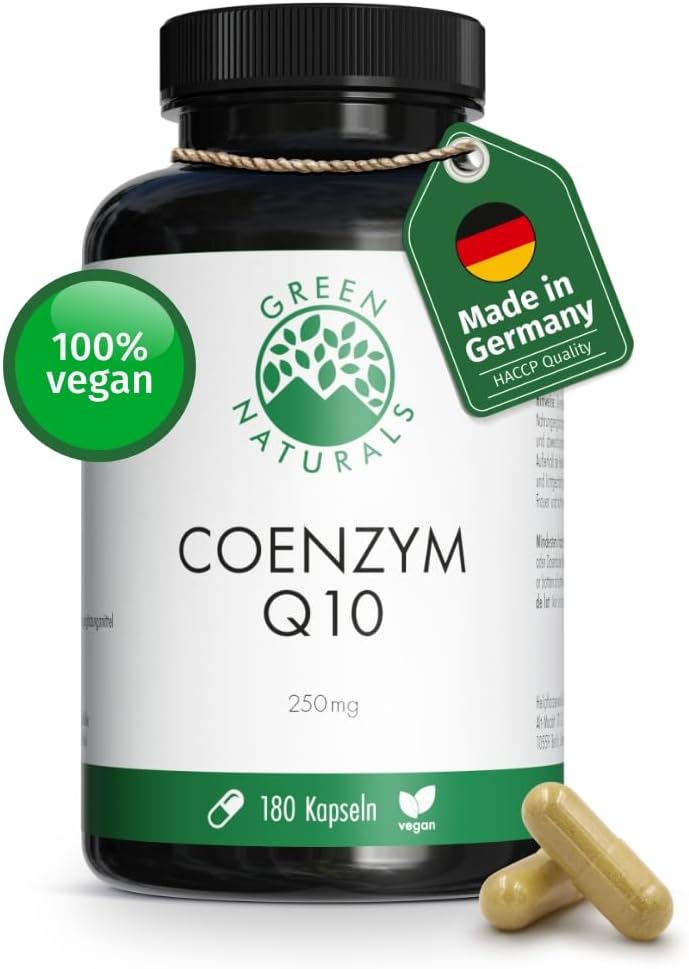 Coenzyme Q10-250mg par gélule - 180 gélules végétaliennes - 6 mois d'autonomie - Q10 de haute qualité issu de la fermentation produit en Allemagne & testé en laboratoire - Green Naturals®