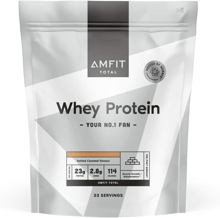 Marque Amazon - Amfit Nutrition Protéine de lactosérum en poudre, caramel salé, 33 portions, 1 kg (paquet de 1)