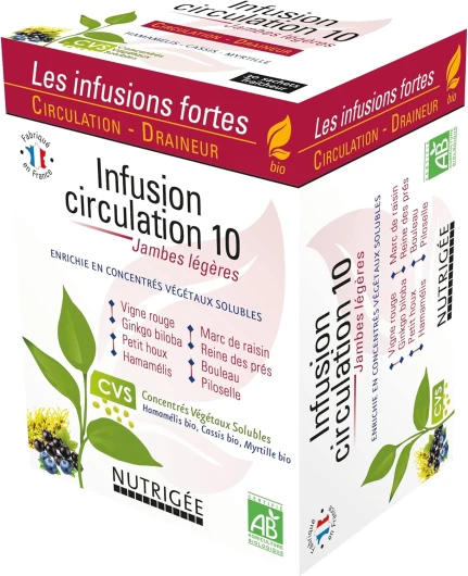 Infusion Circulation 10 Bio - Jambes Légères - Circulation & Draineur - Vigne Rouge, Ginkgo Biloba, Petit Houx, Hamamélis, Marc De Raisin, Reine Des Prés, Bouleau, Piloselle - 30 Sachets