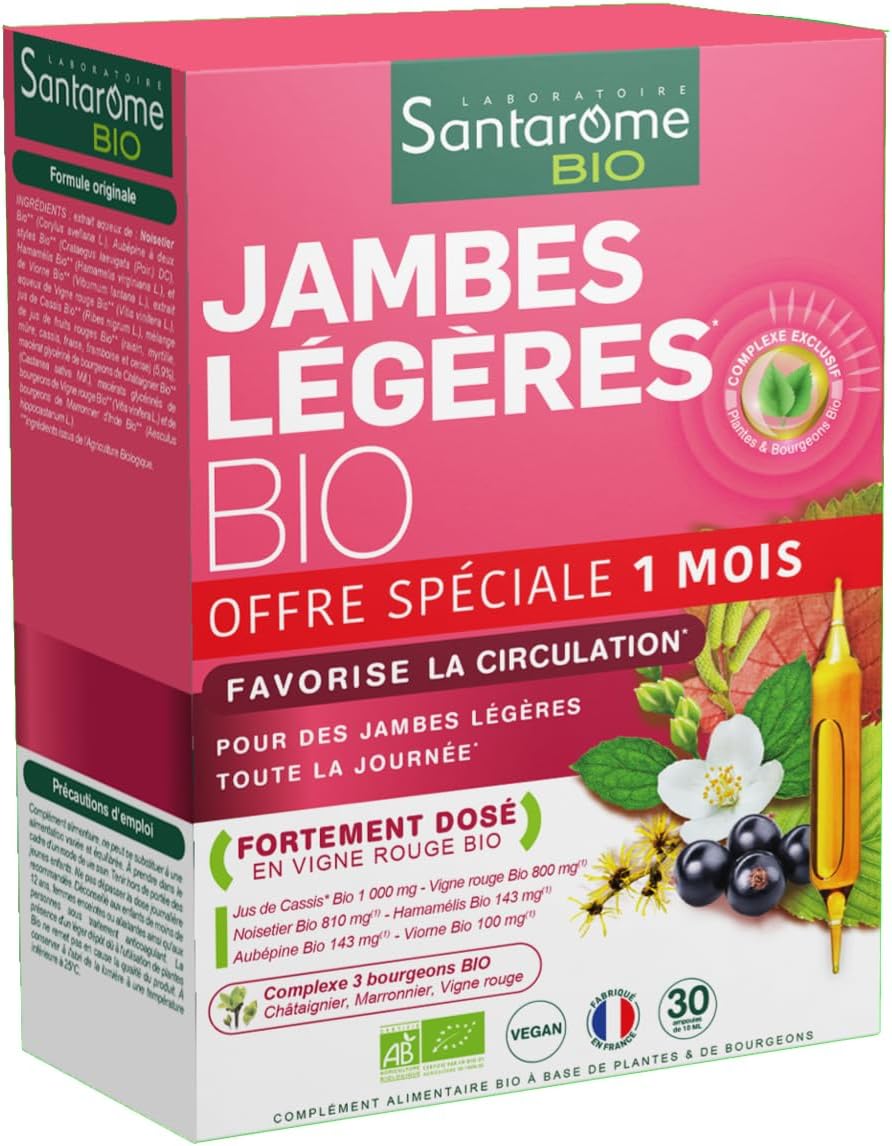 Jambes Légères - Complément Alimentaire Circulation - Jambes Lourdes, Enflées ou Douloureuses - A base de plantes - Vigne Rouge, Noisetier - 30 Ampoules - Made In France -Végan
