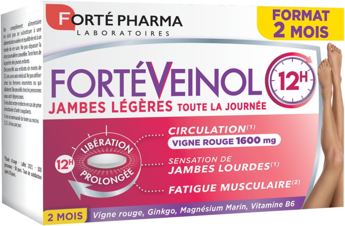 Forté Veinol 12h - Complément Alimentaire Circulation sanguine Jambes - Vigne Rouge, Ginkgo Biloba, Magnésium, Vitamine C, E, B6 - Circulation, Jambes lourdes - 60 comprimés = 2 mois