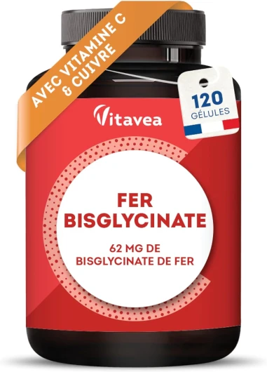 Fer Bisglycinate 14 mg + Vitamine C - Haute absorption, Réduit la Fatigue, Soutien Immunitaire - Avec Cuivre - 120 gélules Vegan - Fabriqué en France - Vitavea