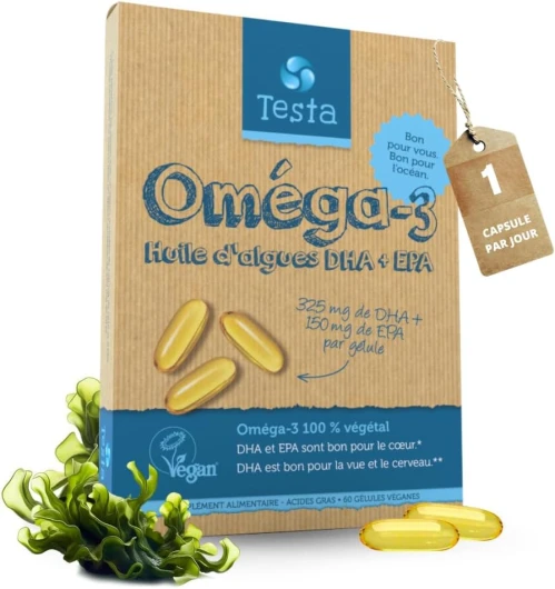 Omega 3 Vegan - Huile d'Algue haute concentration - 325mg DHA + 150mg EPA par capsule - Bénéfique pour le Cœur, le Cerveau et les Yeux - 100% Végétal - 60 capsules (2 Mois)