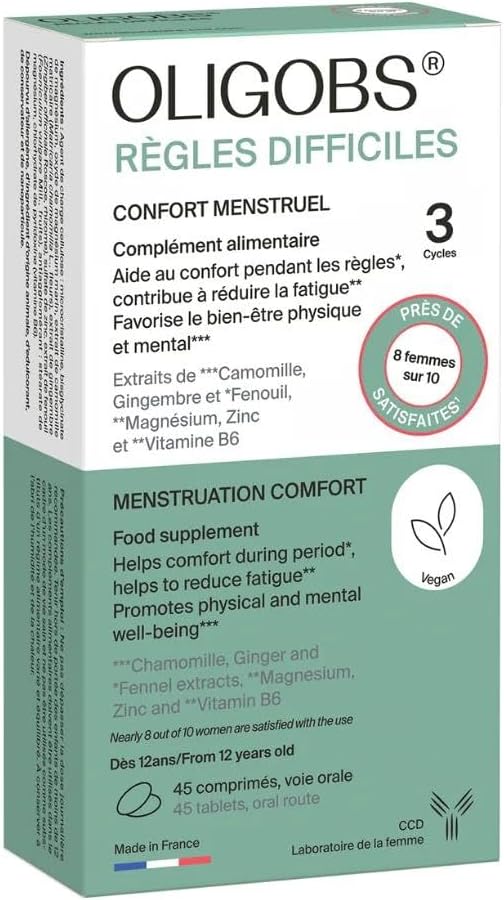 Oligobs Règles Difficiles – Confort menstruel – Complément alimentaire à base de Fenouil, Camomille, Vitamine B6, Magnésium – Adolescente et femme – 3 cycles – Fabriqué en France