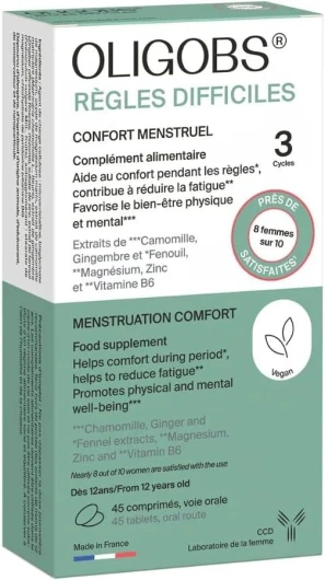 Oligobs Règles Difficiles – Confort menstruel – Complément alimentaire à base de Fenouil, Camomille, Vitamine B6, Magnésium – Adolescente et femme – 3 cycles – Fabriqué en France