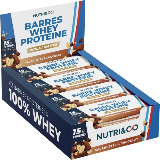 NUTRI & CO Barres Protéinées Whey Isolat Native - 15g de Protéines - Musculation & Récupération - 100% Clean sans protéines végétales ni Huile de Palme – Lot de 12 Barres Cacahuètes & Chocolat