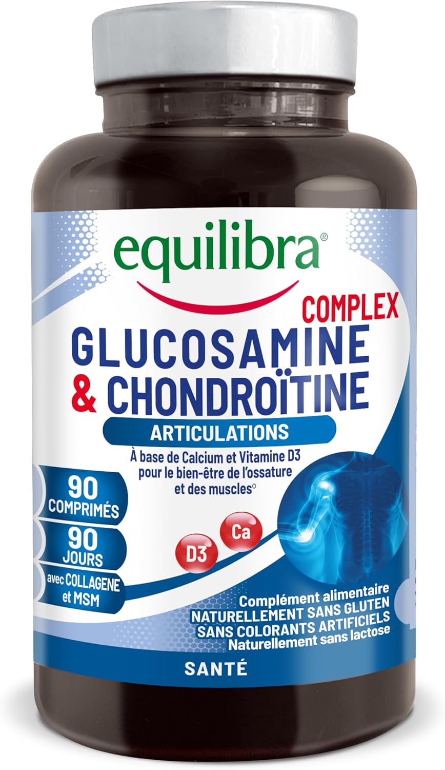 Equilibra, Glucosamine & Chondroïtine Complex, Supplément de Glucosamine et Chondroïtine, avec MSM, Calcium, Zinc et Vitamine D3, Pour les Articulations, 90 Comprimés