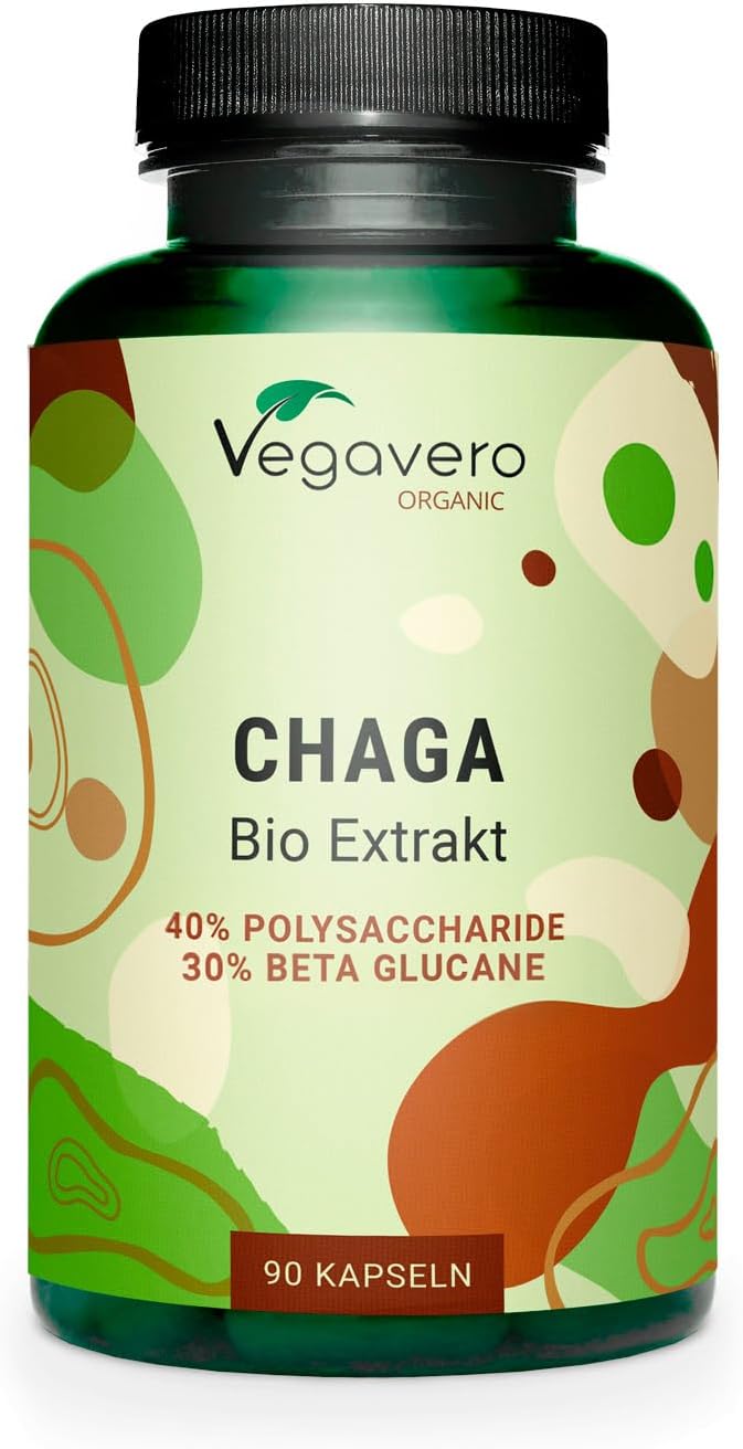Chaga BIO Vegavero® - 6000 mg de Poudre (600 mg d'Extrait 10:1) - Avec 40% Polysaccharides & 30% Bêta-Glucanes - Sans Additifs & Sans OGM - 3 Mois d’Approvisionnement (90 Gélules) - VEGAN