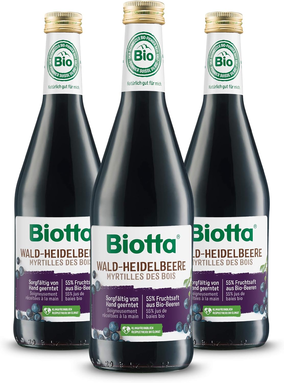 BIOTTA Jus de Myrtilles des Bois Préparation à Base de Myrtilles des Bois 100% Bio Riche en Nutriments Fabrication Suisse 500 ml - Lot de 3