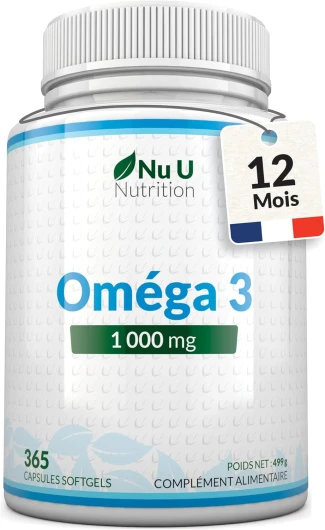 Omega 3 Fish Oil 1000 mg - Huile de Poisson - 365 Gélules - Cure d'1 An - Riche en EPA 540mg et DHA 360mg - Compléments alimentaires de Nu U Nutrition