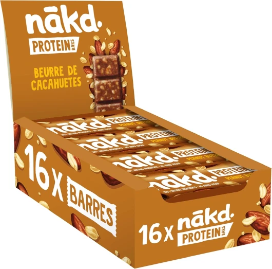 Nākd - Protein Beurre de Cacahuètes - Barres Protéinées - 7g de Protéines Végétales - 100% d'Ingrédients Naturels - Sans Sucres Ajoutés - Vegan - 16 x 45g - 720g