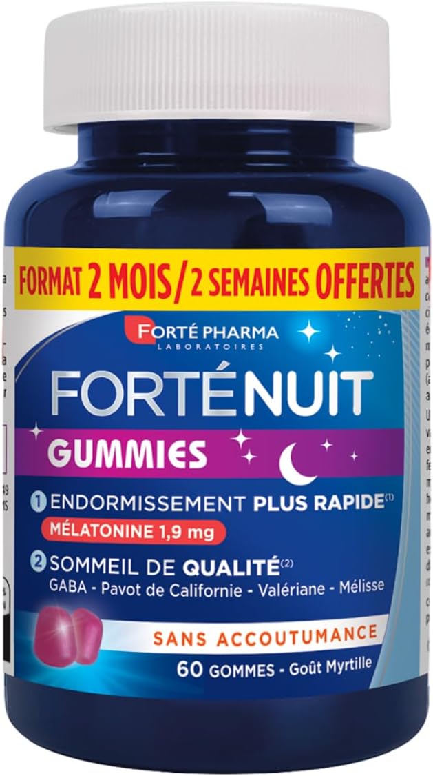 FortéNuit Gummies - Gummies Sommeil - 1,9 mg de Mélatonine et Plantes - Goût Myrtille - Complément Alimentaire Sommeil – Endormissement Rapide et Sommeil de Qualité - 60 gommes = 2 mois