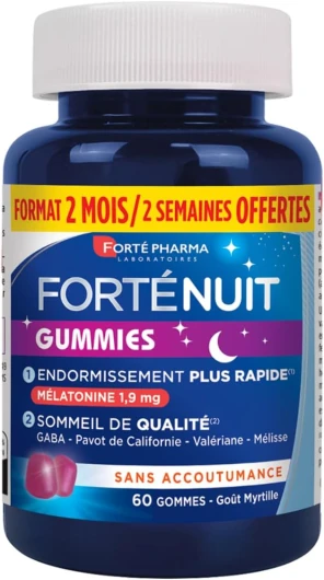 FortéNuit Gummies - Gummies Sommeil - 1,9 mg de Mélatonine et Plantes - Goût Myrtille - Complément Alimentaire Sommeil – Endormissement Rapide et Sommeil de Qualité - 60 gommes = 2 mois