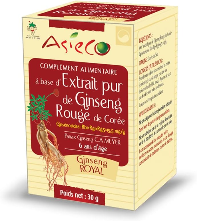 Extrait de GINSENG Rouge Coréen ROYAL 100% Ginseng flacon de 30g Ginsénosides Rg1+Rb1>15.5mg/g - ASIECO
