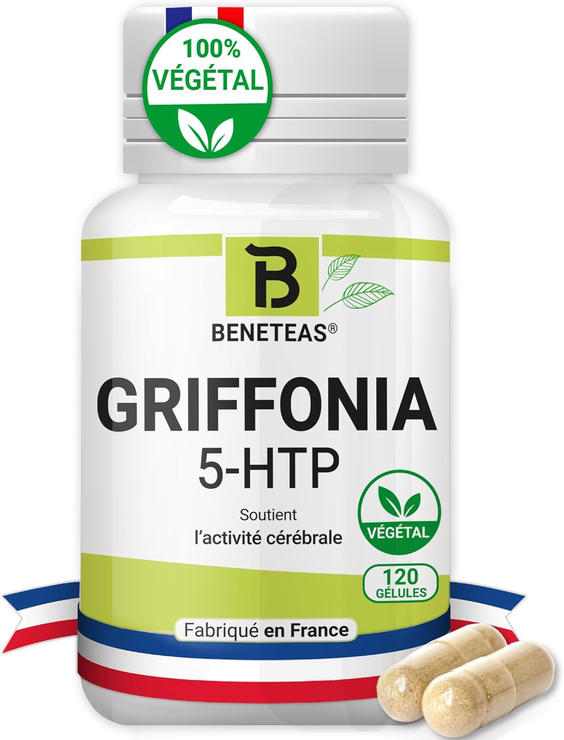 GRIFFONIA 5-HTP - Complément alimentaire - Extrait Griffonia Simplicifolia - Diminue Stress, fatigue, anxiété - Activité cérébrale - 120 gélules - NATUREL - VEGAN - Fabriqué en FRANCE