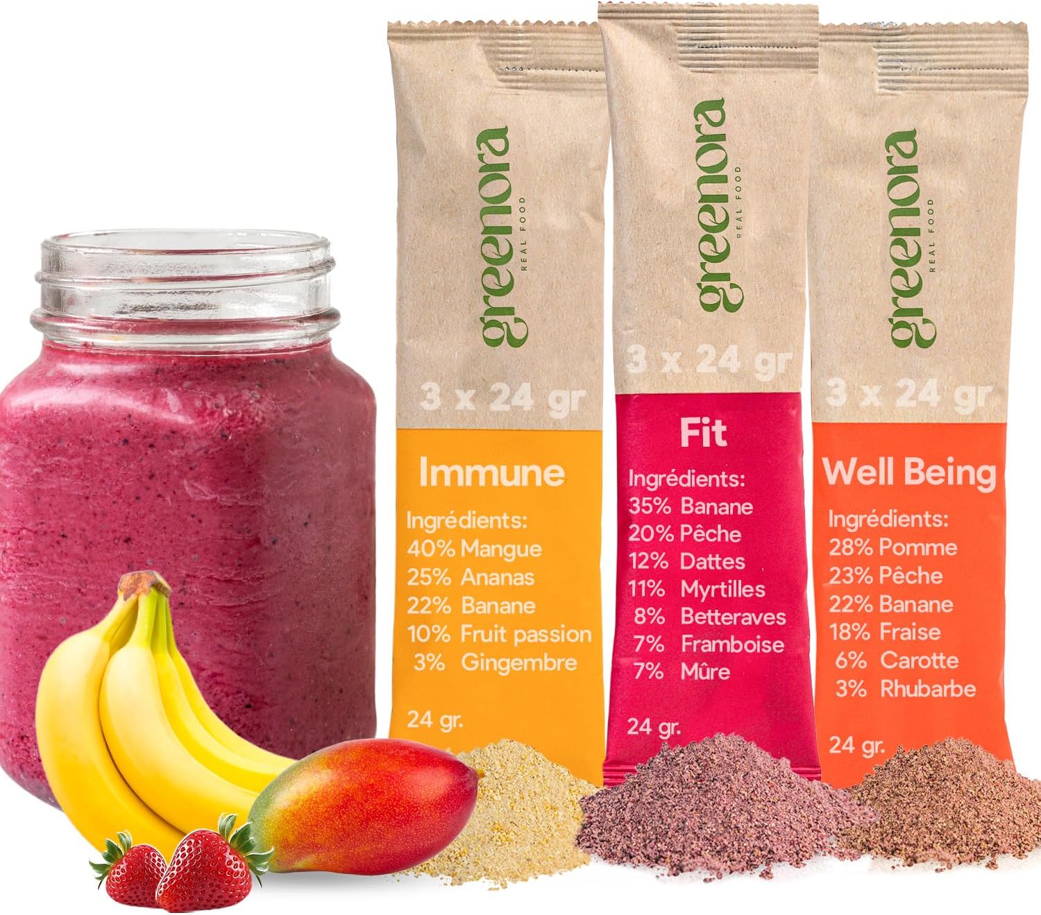 Smoothie Bowl Fruits Lyophilisés Poudre 100% Naturel - Mangue Banane Fraise Framboise Betterave Myrtilles - Séchée Déshydratée Vegan - 9x24g