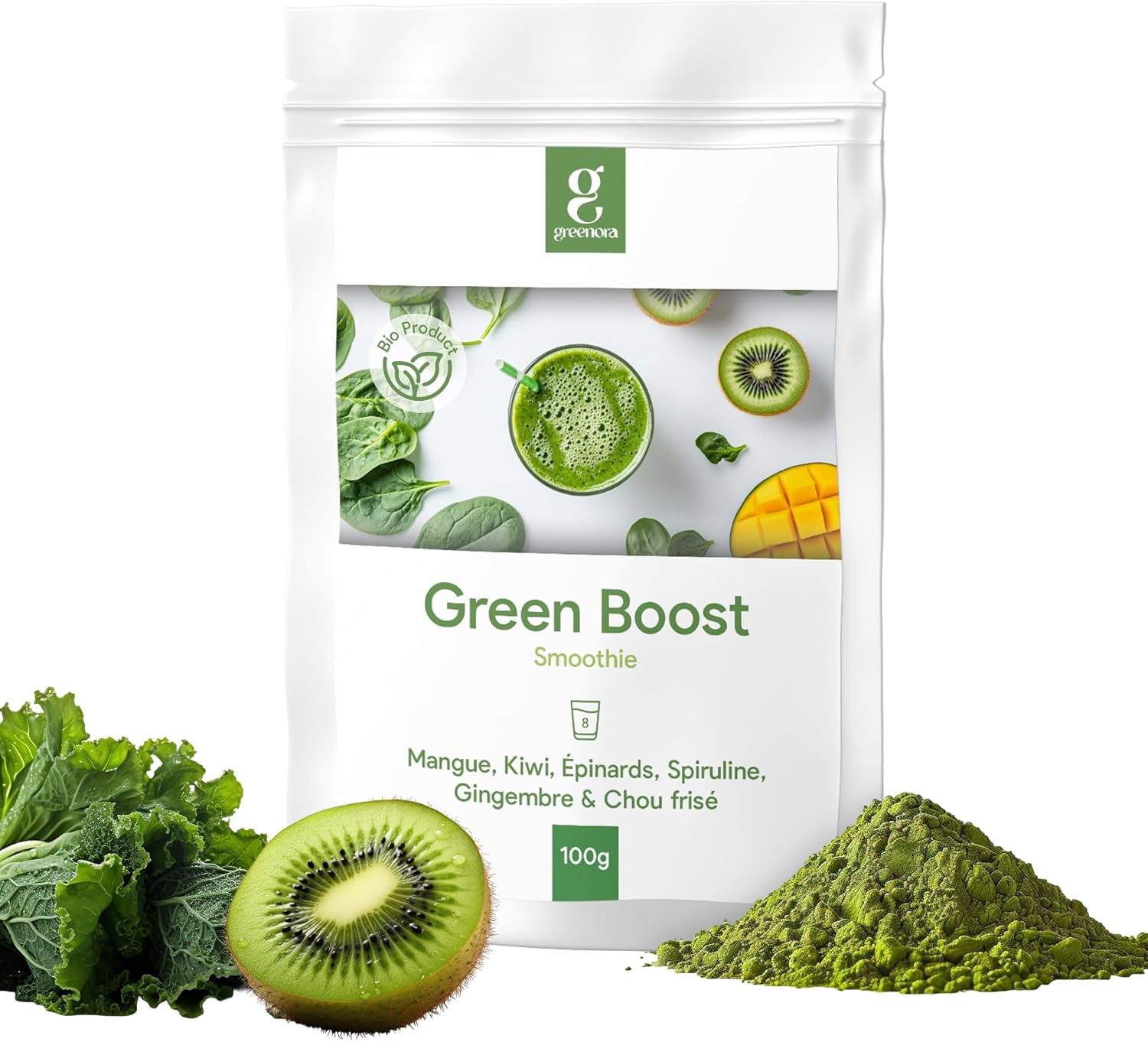 Smoothie Poudre Spiruline, Épinards, Gingembre, Chou Kale, Mangue et Kiwi - Fruits et Légumes Lyophilisés 100% Naturels - Superaliments - 100g