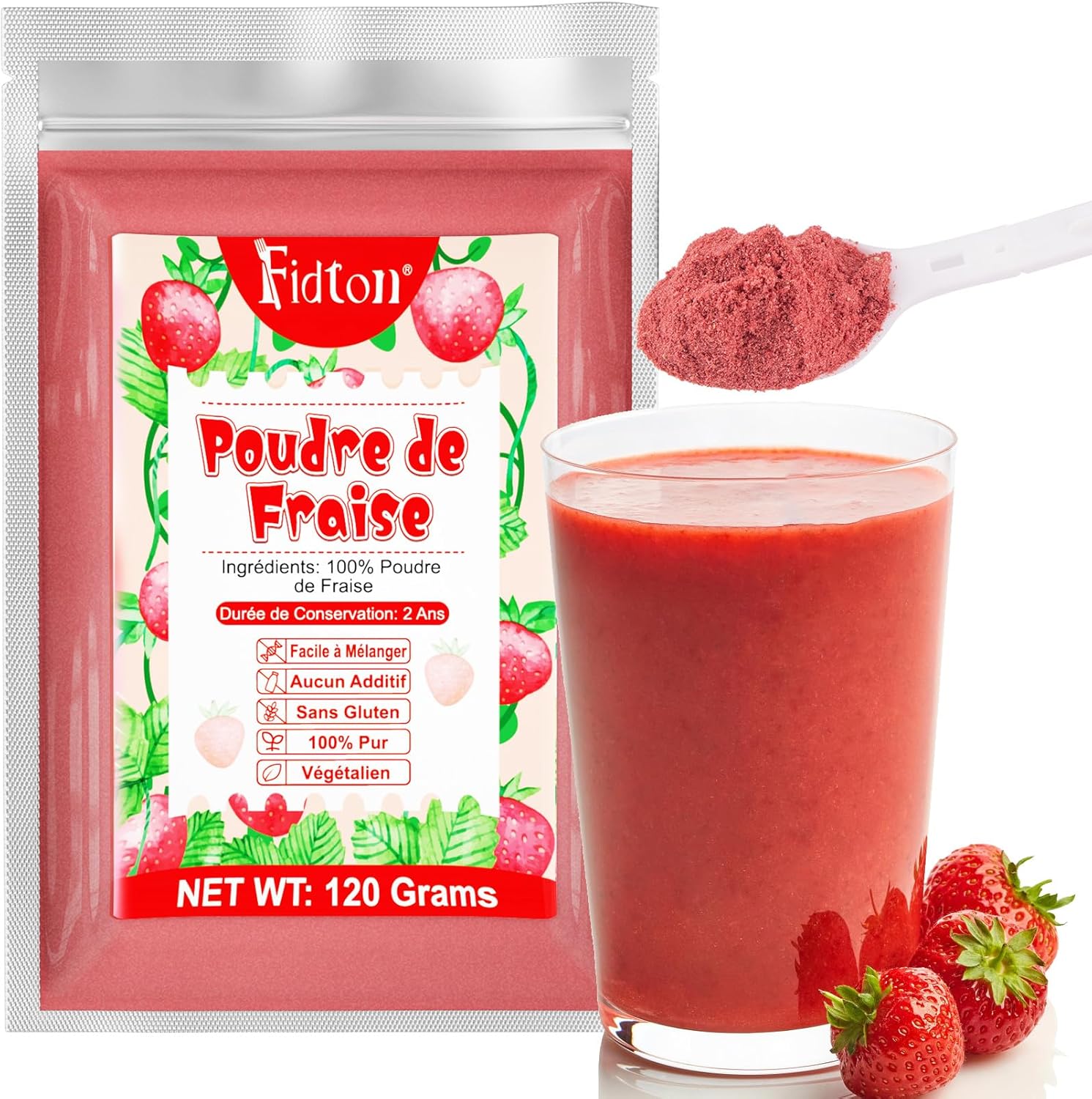 Poudre de Fraise Lyophilisée 120g - Fraises Lyophilisées 100% Naturelles, Sans Additifs, Faciles à Mélanger, Nutritives, Fruggies Poudre Fruit pour Gâteau, Smoothie, Glaçage, Boissons