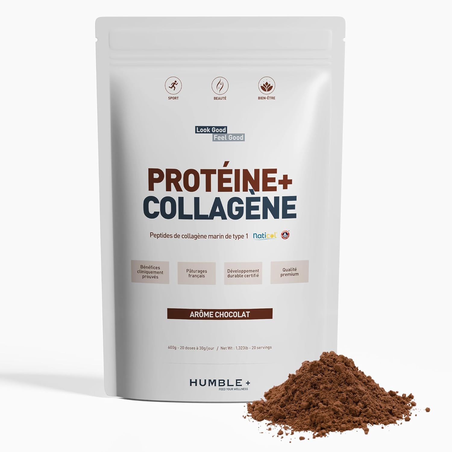 Protéine + Collagène marin Naticol® en poudre, paquet de 600 g - Saveur chocolat - Confort articulaire et récupération musculaire - 20 portions à 30g/jourP