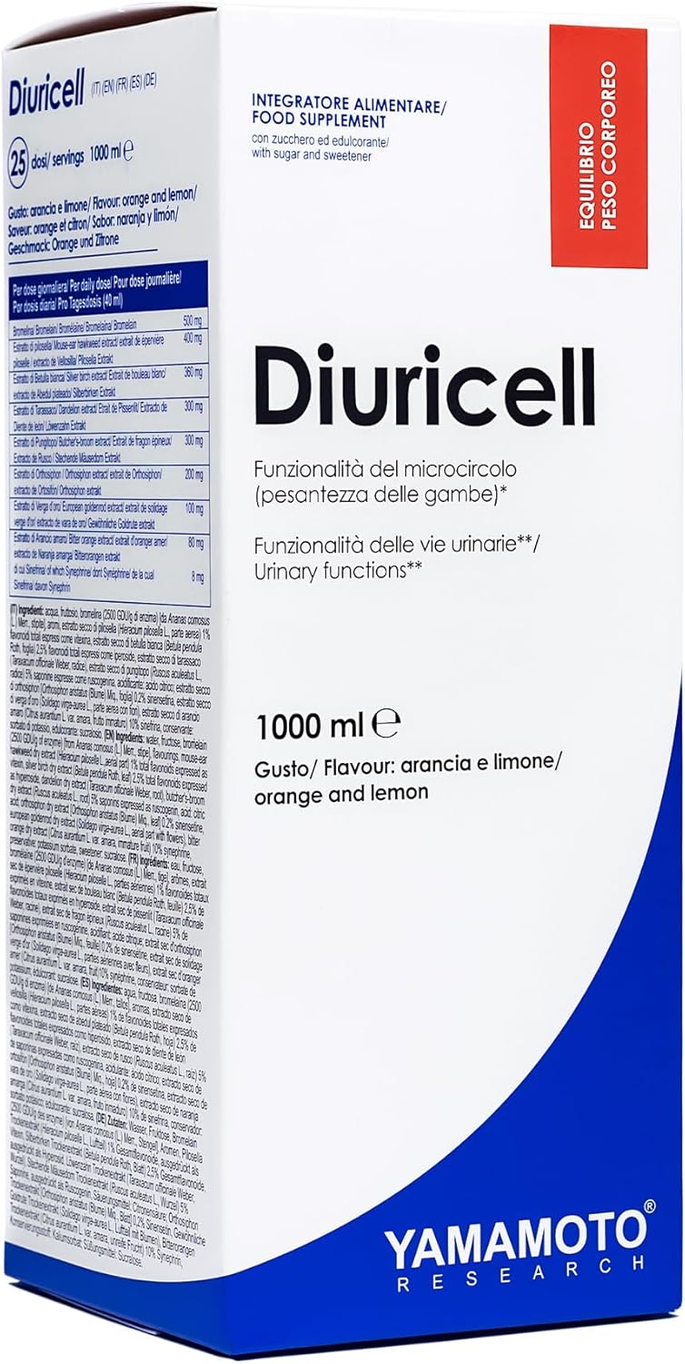 , Diuricell 1L, Supplément d'Extraits Végétaux Drainants, pour les Ballonnements, la Rétention d'Eau et l'Anti-Cellulite, Saveur Orange et Citron