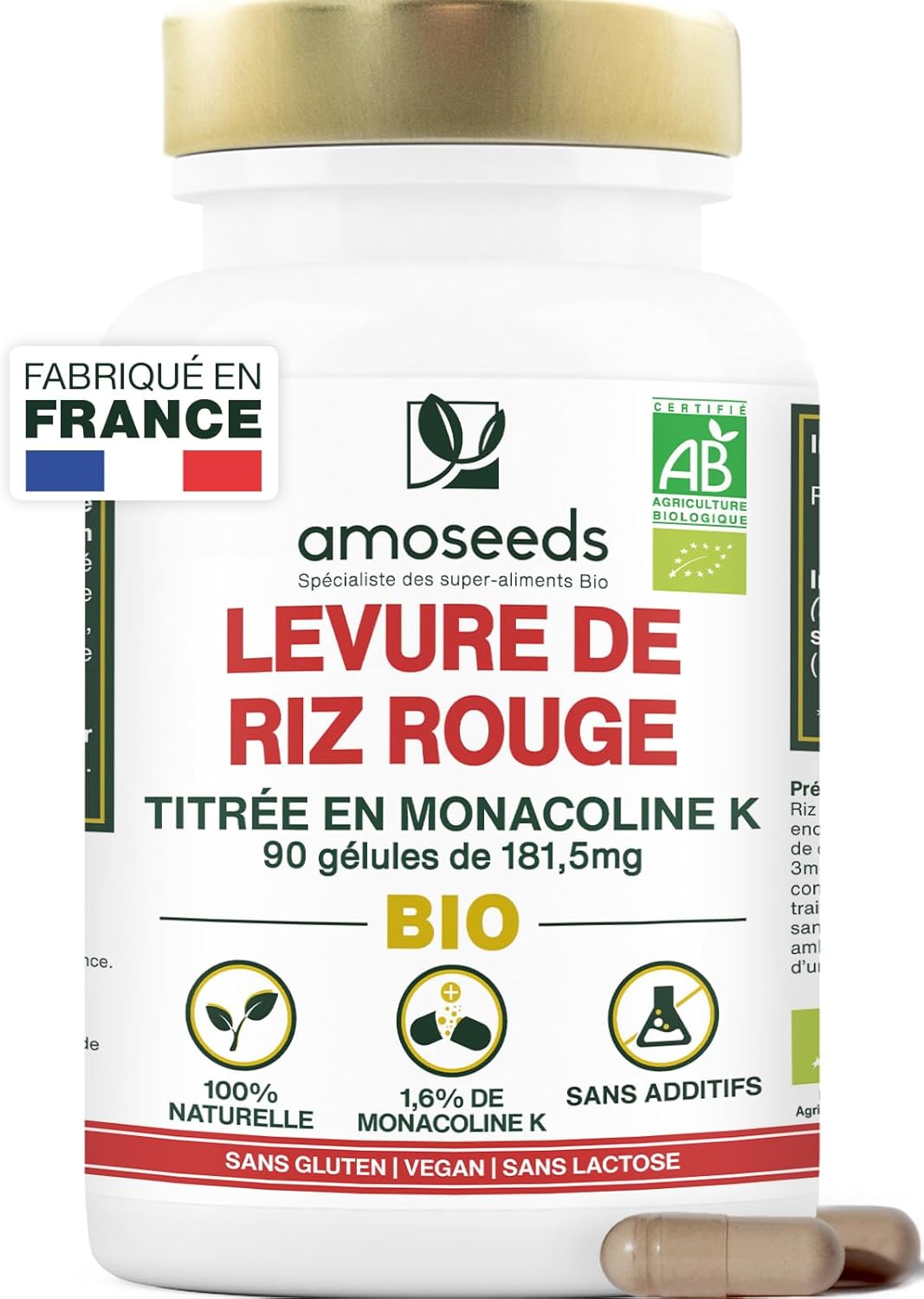 Levure de Riz Rouge BIO - 2,9mg de Monacoline K par gélule - 181,50mg - 90 gélules Vegan - Fabriquée en France - Qualité Supérieure