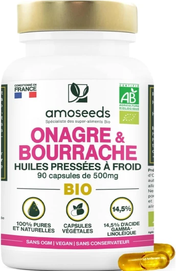 Huile d’Onagre et Bourrache BIO - Première pression à froid - 14,5% acide gamma-linoléique - 90 capsules végétales, vegan - Fabriqué en France - Qualité Supérieure