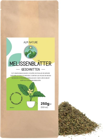 Thé à la Mélisse 250g par Alpi Nature, Plante de Mélisse Séchée, Melisse en Vrac, Thé en Feuilles en Vrac, Feuilles de Mélisse Coupées pour la Préparation du Thé à la Mélisse et Tisane Melisse