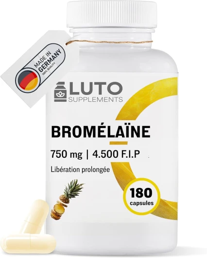 Bromélaïne - 750 mg (4500 F.I.P) - 180 gélules gastro-résistantes (DRcaps®) - Enzyme digestive naturelle à partir d'extrait d'ananas - Testé en laboratoire - Végétalien - Haute dose - LUTO Supplements
