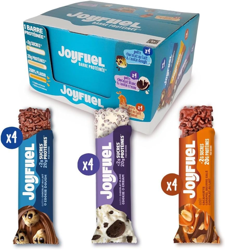 Coffret panachée de 12 Barres Protéinées de 55gr -Goûts Chocolat au Lait & Cookie Dough- Chocolat Blanc & Cookie & Cream- Chocolat & Cacahuètes & Caramel - <2g de sucre - 20g de protéines