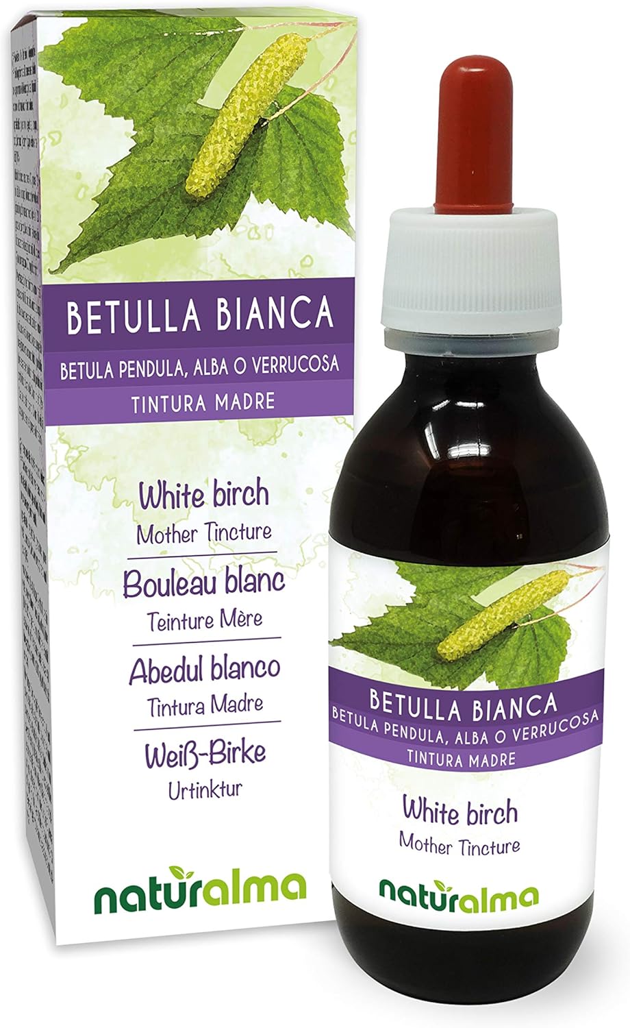 Bouleau blanc ou Bouleau verruqueux (Betula pendula, alba ou verrucosa) feuilles Teinture Mère sans alcool Naturalma - Extrait liquide gouttes 120 ml - Complément alimentaire - Végétalien ou végan
