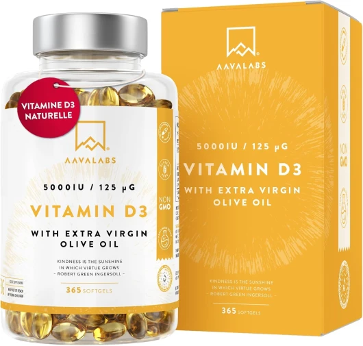 Vitamine D3 Naturelle Haute Concentration 5000 UI - Vitamine D avec Huile d’Olive Extra Vierge pour Absorption Optimale - Vitamines pour les Fonctions Osseuse, Musculaire, Immunitaire - 365 Gélules