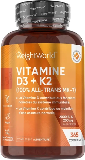 Vitamines D3 K2 MK7 100 % Pure 365 Comprimés Vegan Pour 1 An, Combinaison Vit D3 2000ui Avec Vitamine K2 200μg, Pour Os, Muscles, Système Immunitaire et Coagulation EFSA, Sans Stéarate de Magnésium